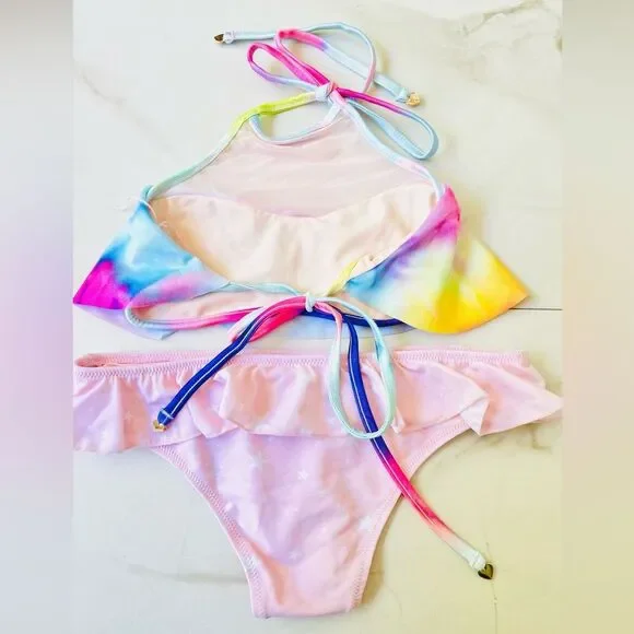 NWT Wildfox pastel pink rainbow, ruffle mesh, starry bikini set